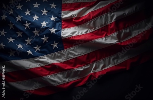 United States flag on dark background, ideal for Labor Day celebrations, US presidential election themes, strong emotional appeal, copy space available. photo