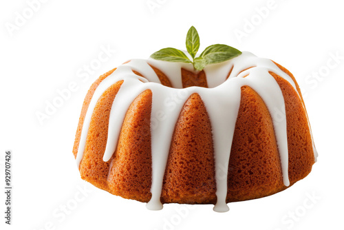 A delicious bundt cake topped with creamy frosting and a fresh leaf, perfect for dessert lovers and baking enthusiasts.