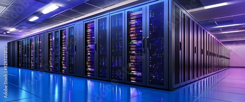 Modern server room with rows of illuminated servers and a blue tiled floor.