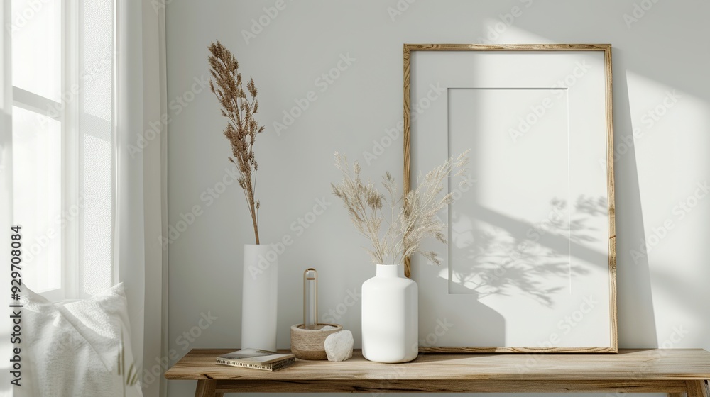 3D Render of a White Room Mock Up Frame with Natural Wooden Table and Decor in a Home Interior Setting 3D Render of a White Room Mock Up Frame with Natural Wooden Table and Decor in a Home Interior Setting