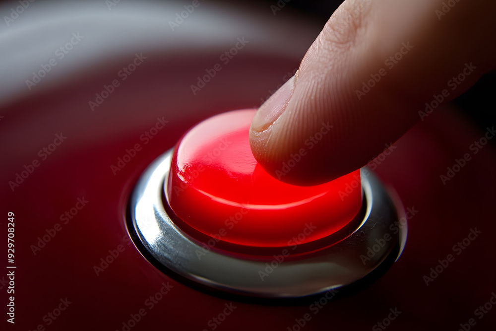 Hand pressing the glowing red button. Hand pressing the glowing red button.