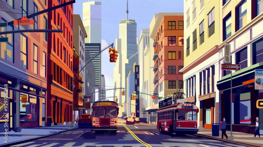 Obraz premium City Street Scene with Two Buses and Tall Buildings