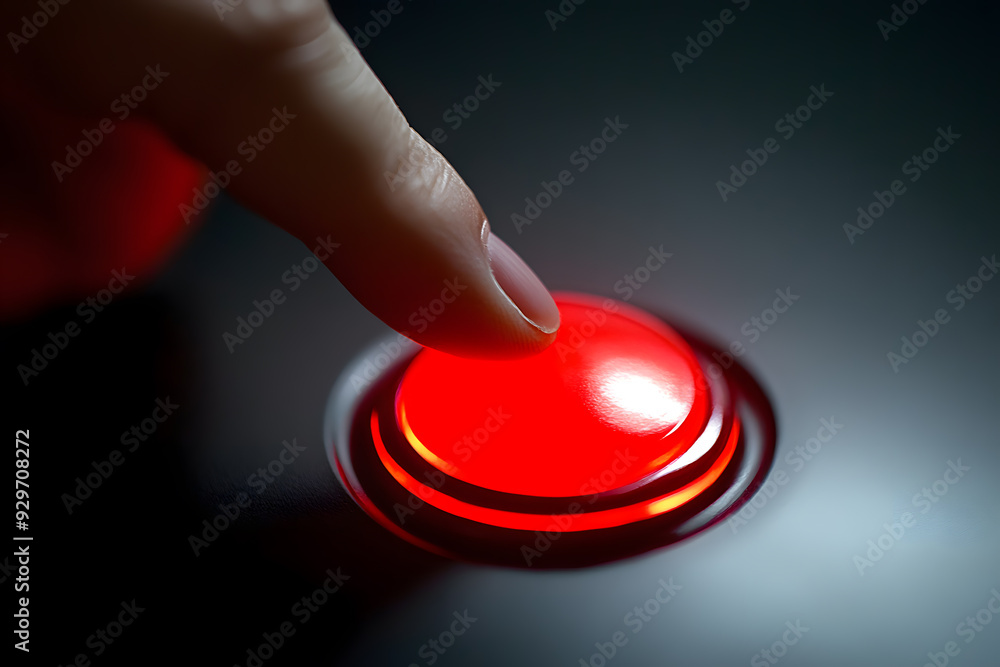 Hand pressing the glowing red button. Hand pressing the glowing red button.