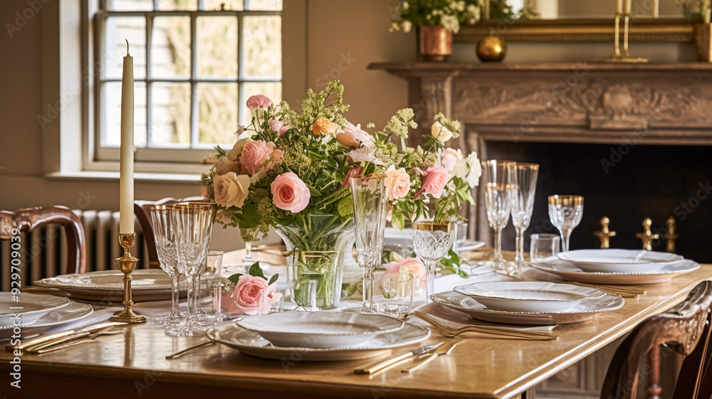 Holiday celebration table decor, festive tablescape in dining room, candles and flowers decoration for formal family dinner in the English country house, countryside interior design motif Holiday celebration table decor, festive tablescape in dining room, candles and flowers decoration for formal family dinner in the English country house, countryside interior design motif