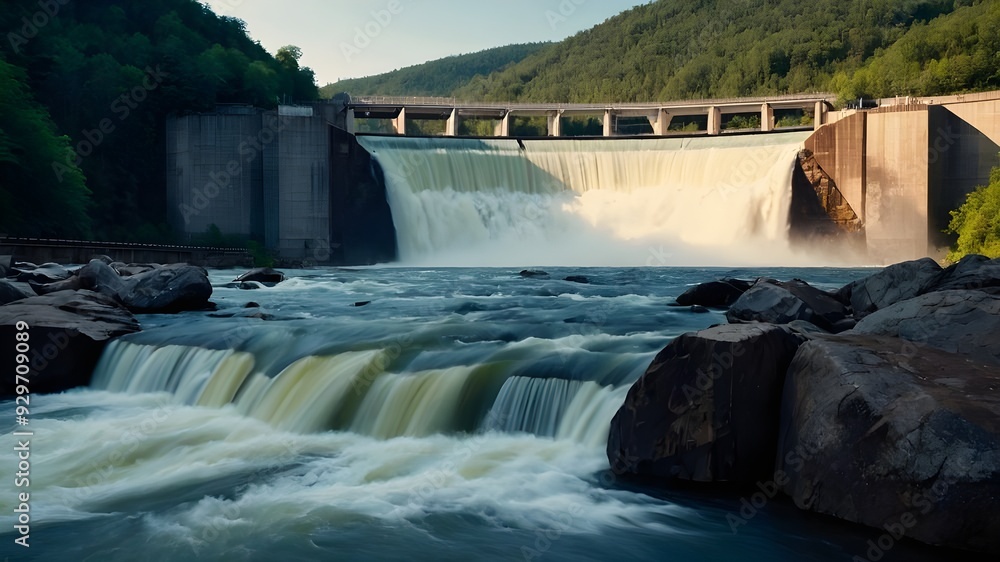Hydroelectric power plant with a majestic waterfall. dam on the river Hydroelectric power plant with a majestic waterfall. dam on the river