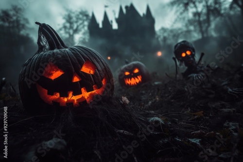 Spooky Castle Decorated with Jack-o'-Lanterns photo