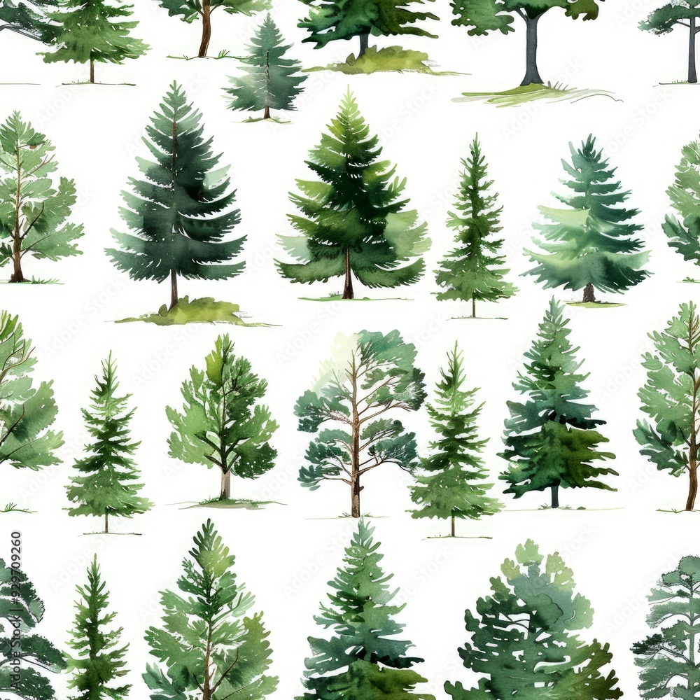 Watercolor Painting of Various Evergreen Trees on White Background Watercolor Painting of Various Evergreen Trees on White Background