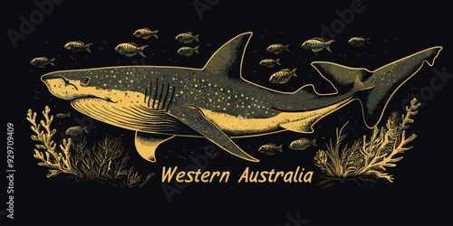 Detailed Illustration of a Whale Shark Swimming Among Fish and Coral with "Western Australia" Text in a Marine-Themed Design
