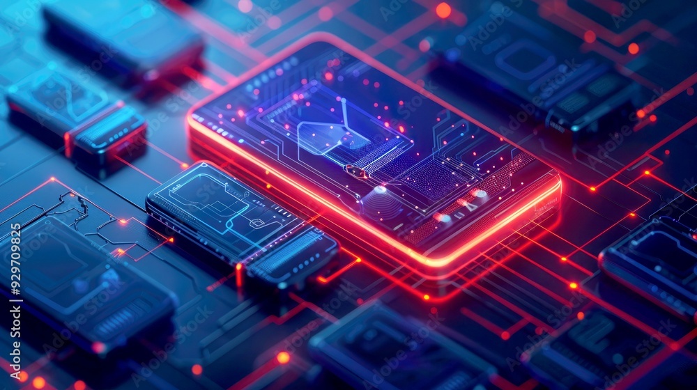 Futuristic Circuit Board with glowing red and blue lines and components Futuristic Circuit Board with glowing red and blue lines and components