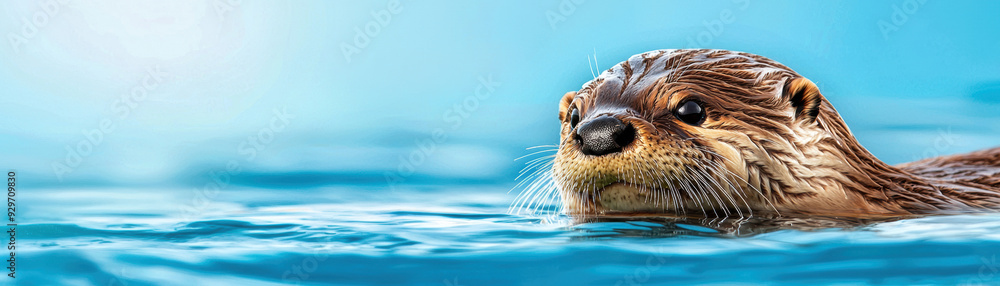 Close-up of a cute otter swimming in clear blue water with a serene and calm background, showcasing its detailed fur and curious expression. Close-up of a cute otter swimming in clear blue water with a serene and calm background, showcasing its detailed fur and curious expression.