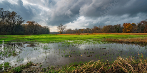 Panorama view over the grasslands of nature park Gentbrugse meersen near Ghent in Belgium with cloud background photo