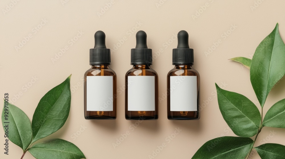 Three amber glass dropper bottles arranged with green leaves on a neutral background, evoking a natural and organic feel. Perfect for skincare, essential oils, or cosmetics themes. Three amber glass dropper bottles arranged with green leaves on a neutral background, evoking a natural and organic feel. Perfect for skincare, essential oils, or cosmetics themes.