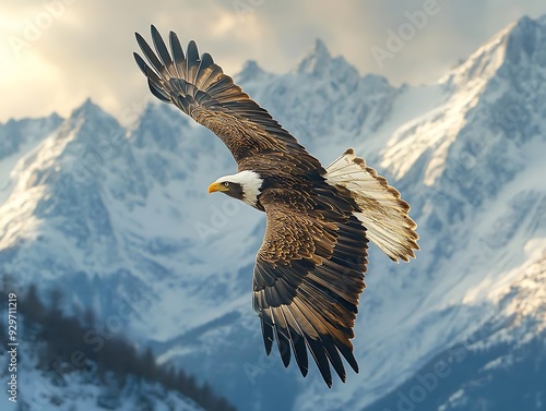 Majestic Bald Eagle Soaring Above Snowy Mountain Range - Photo