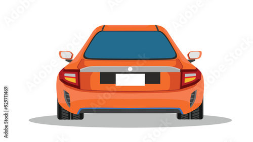 Rear view of an orange car. On isolated white background with shadow.