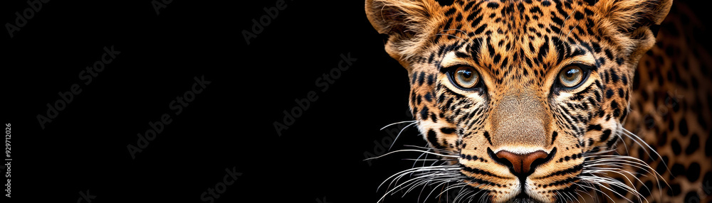 Obraz premium Close-up of a majestic leopard with piercing eyes against a black background, showcasing the beauty and intensity of wild animals.