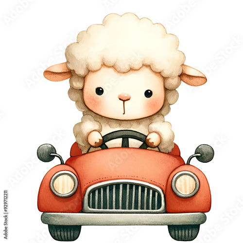 Cute cartoon sheep driving a red car. Whimsical illustration perfect for children's content and playful projects.