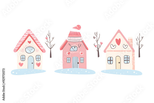 Cute tiny houses with warm winter hat watercolor collection isolated on a white background