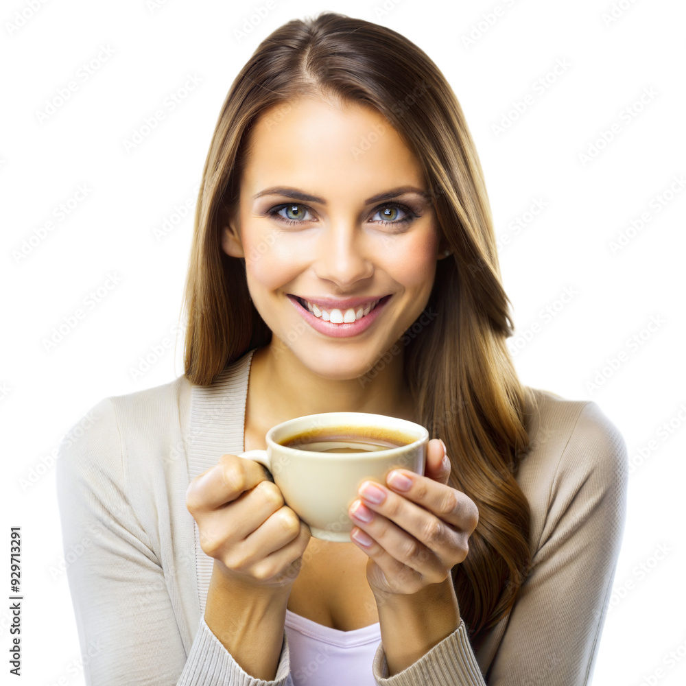 Woman holding coffee cup isolated on transparent background Woman holding coffee cup isolated on transparent background