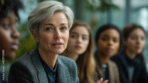 Senior businesswoman engaging in a serious discussion with a team of young professionals
