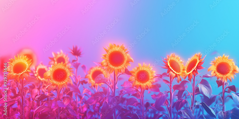 Several sunflowers stand tall and illuminated against a background of radiant pink and blue gradient, blending realistic floral beauty with a captivating, dreamlike presentation.