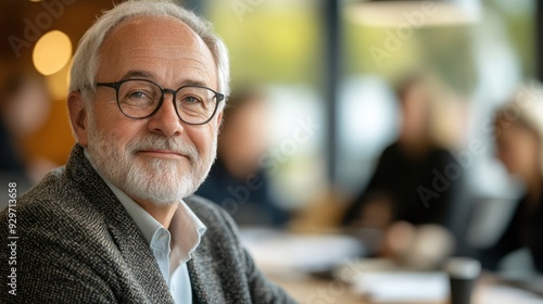 Elderly executive in a modern conference room, leading a team meeting