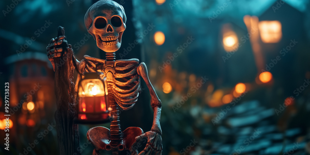 A skeletal figure holding a lantern amidst an eerie forest at night, casting warm, mysterious light and creating a ghostly, haunting atmosphere under a dark sky. A skeletal figure holding a lantern amidst an eerie forest at night, casting warm, mysterious light and creating a ghostly, haunting atmosphere under a dark sky.
