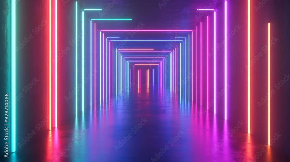 Neon light lines forming a futuristic hallway with reflection. Neon light lines forming a futuristic hallway with reflection.
