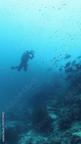 Wallpaper Mural Scuba diver explores vibrant underwater world of coral reef, surrounded by schools of diverse fish species. Stunning marine biodiversity in clear blue water is captured in these underwater shots. Torontodigital.ca
