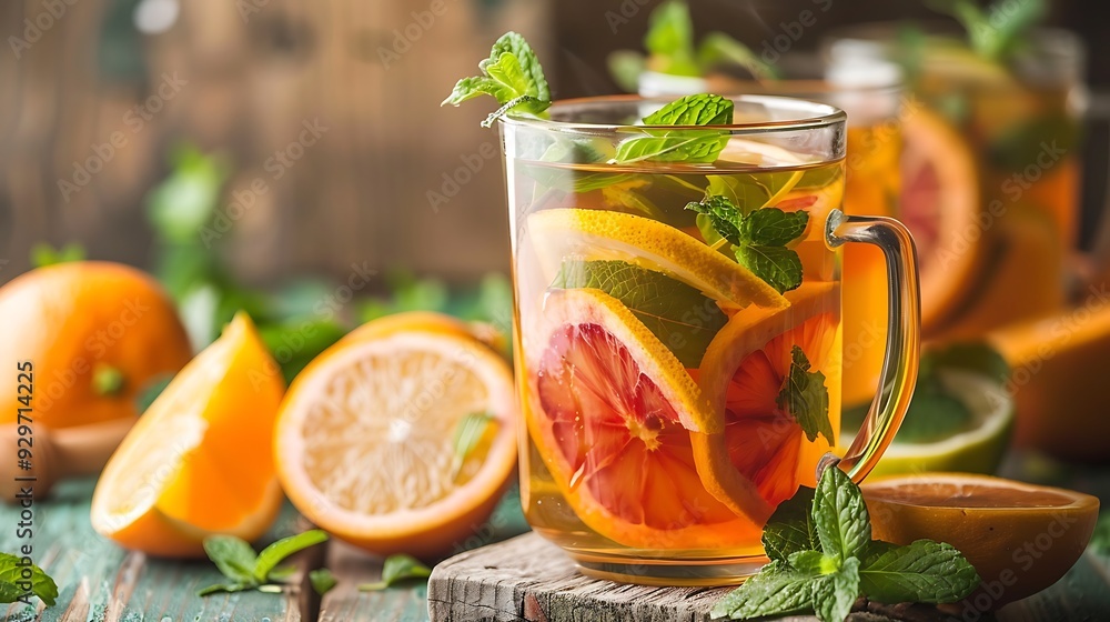 A rustic table holds a cool mug of chilled herbal tea topped with slices of citrus and leafy mint A rustic table holds a cool mug of chilled herbal tea topped with slices of citrus and leafy mint