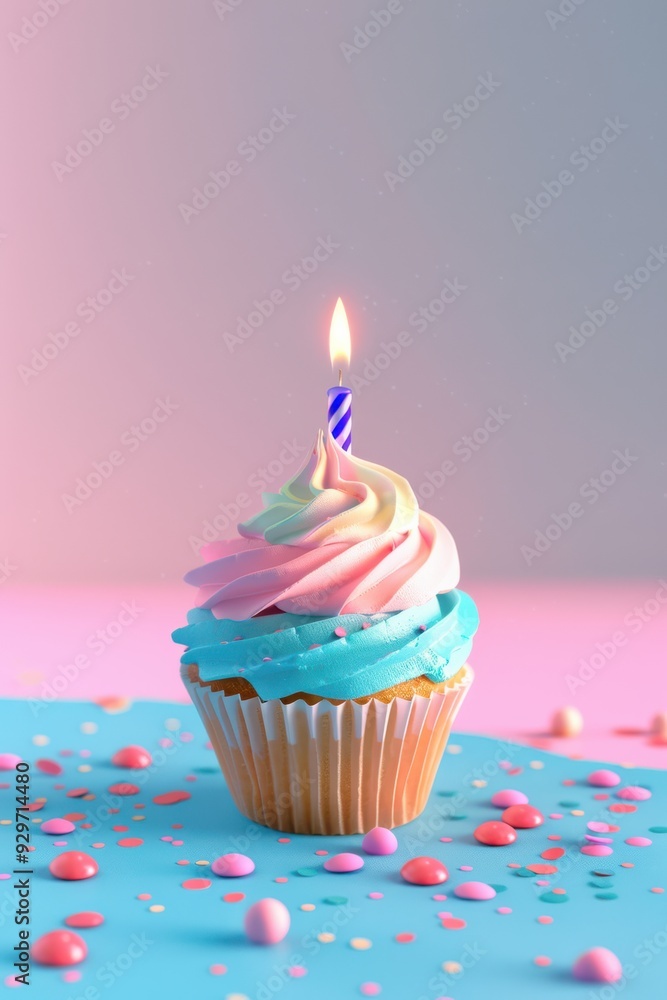 Festive Birthday Cupcake on Pastel Background Festive Birthday Cupcake on Pastel Background