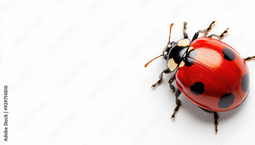Fototapeta premium Close-up of a vibrant red ladybug with black spots on a white background, highlighting its intricate details and vivid colors.