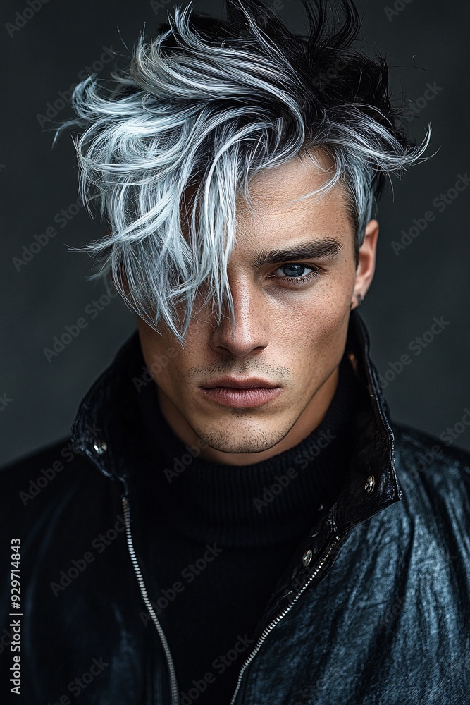 Stylish Man with Striking Silver Hair and Intense Expression Stylish Man with Striking Silver Hair and Intense Expression