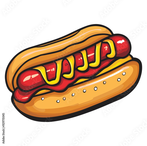 Hot dog in bun with mustard, ketchup and sesame seed cartoon illustration, generative ai