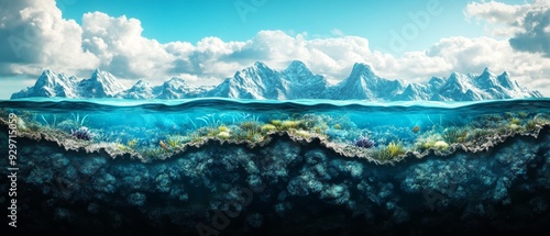 Underwater cross-section revealing vibrant coral reef and marine life with mountains in background