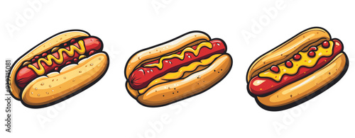 Hot dog in bun with mustard, ketchup and sesame seed cartoon illustration, generative ai