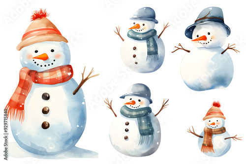 Snowman cartoon watercolor Illustration collection isolated on white. Cheerful snowmen in different costumes. Winter holidays set 