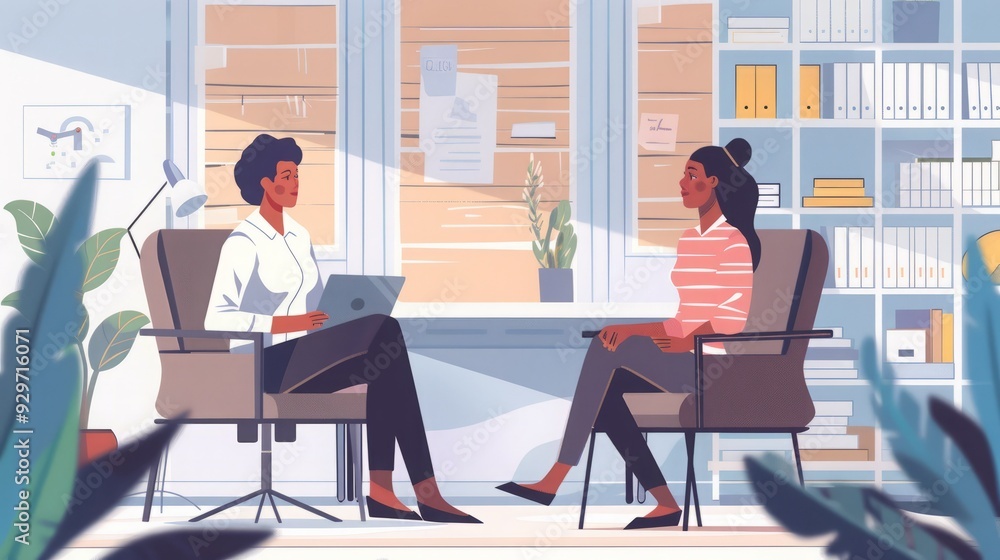 Two women sit in chairs facing each other, one with a laptop, in a bright, well-lit office. Two women sit in chairs facing each other, one with a laptop, in a bright, well-lit office.