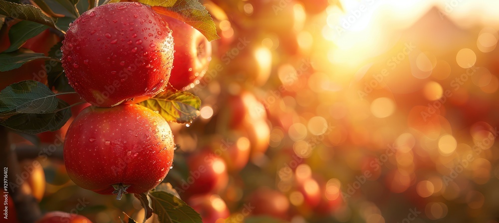 Red apples on a tree at sunset with a rustic rural fuzzy background Red apples on a tree at sunset with a rustic rural fuzzy background