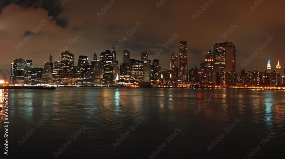 Fototapeta premium Night view of city skyline with skyscrapers and water reflection.