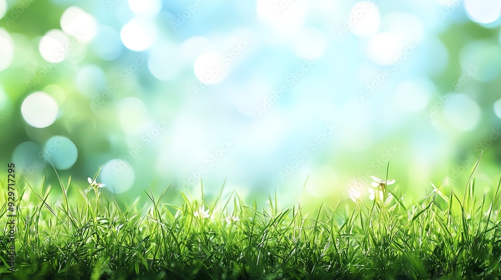 Fototapeta premium nature background with sunny spring meadow blur background blue sky to green grass