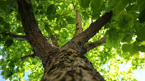 A tree with lush green leaves, viewed from the perspective of looking up at its canopy, symbolizing growth and vitality in nature 