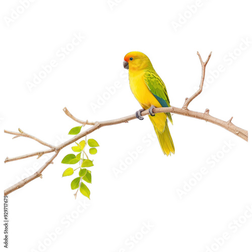 Yellow Parakeet Perched on a Branch with Green isolated on transparent background