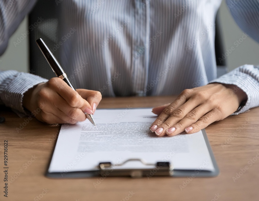 Fototapeta premium A close-up of a businesswoman signing a contract at an office desk, symbolizing the completion of a successful purchasing or investment deal. 
