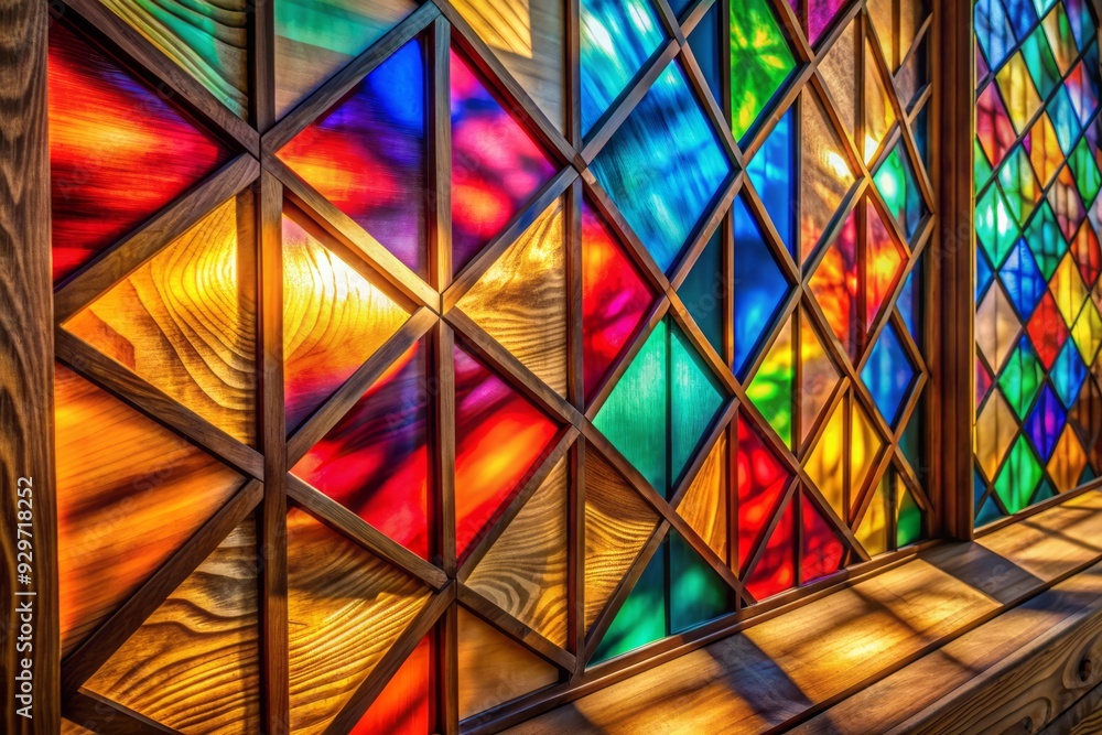 vibrant playful mood with colorful stained glass reflections on wooden grain patterns and smooth textures in dynamic composition vibrant playful mood with colorful stained glass reflections on wooden grain patterns and smooth textures in dynamic composition