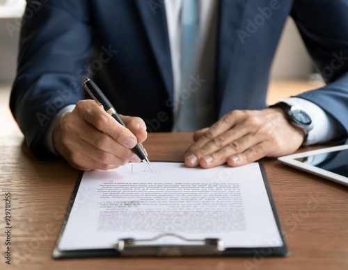  A close-up of a businessman signing a contract at an office desk, symbolizing the completion of a successful purchasing or investment deal. 