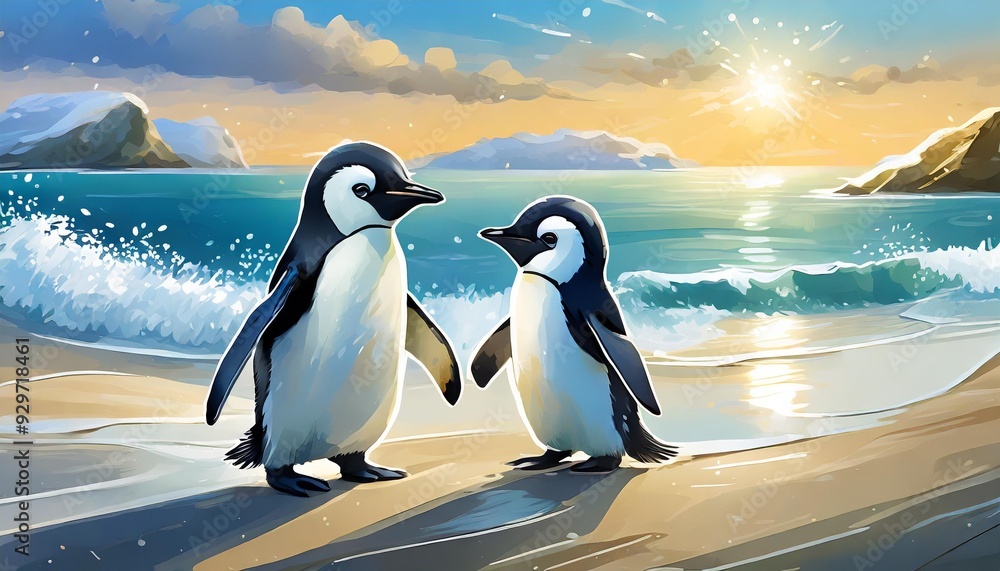 Obraz premium Two baby penguins playing beside the beach 