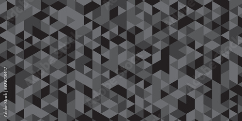 Abstract geometric black and gray background seamless mosaic and low polygon triangle wallpaper. Triangle shape retro wall grid pattern geometric ornament tile vector square element texture.