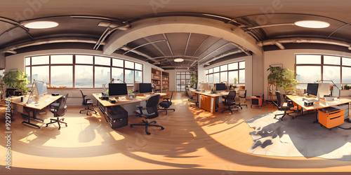 3d illustration spherical 360 vr degrees, a seamless panorama of the room and office. interior design 3D rendering.reception in a modern panoramic office