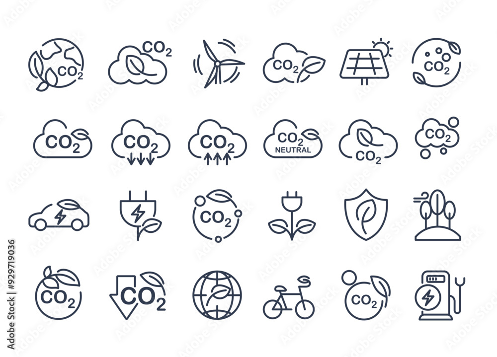 Co2, carbon line icons. contains such icons as tree planting, net zero, and reduced carbon dioxide. sustainable development. concepts and renewable energy businesses. vector design. Co2, carbon line icons. contains such icons as tree planting, net zero, and reduced carbon dioxide. sustainable development. concepts and renewable energy businesses. vector design.