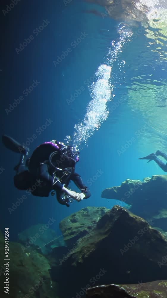custom made wallpaper toronto digitalA man is diving in the ocean wearing a black wetsuit. The water is blue and the man is surrounded by rocks